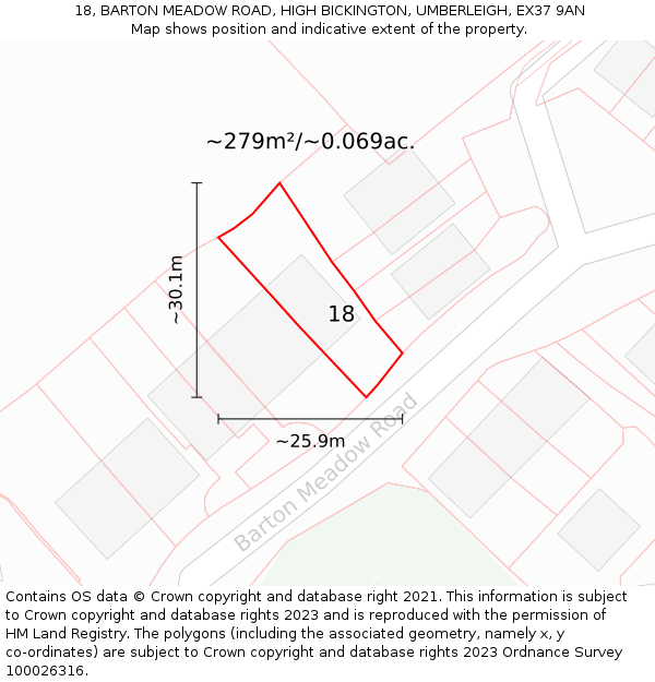 18, BARTON MEADOW ROAD, HIGH BICKINGTON, UMBERLEIGH, EX37 9AN: Plot and title map