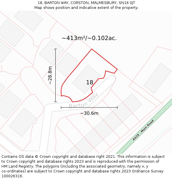18, BARTON WAY, CORSTON, MALMESBURY, SN16 0JT: Plot and title map