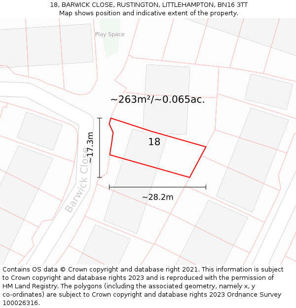 18, BARWICK CLOSE, RUSTINGTON, LITTLEHAMPTON, BN16 3TT: Plot and title map