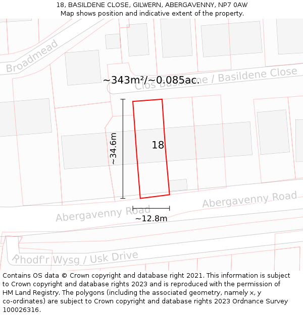 18, BASILDENE CLOSE, GILWERN, ABERGAVENNY, NP7 0AW: Plot and title map