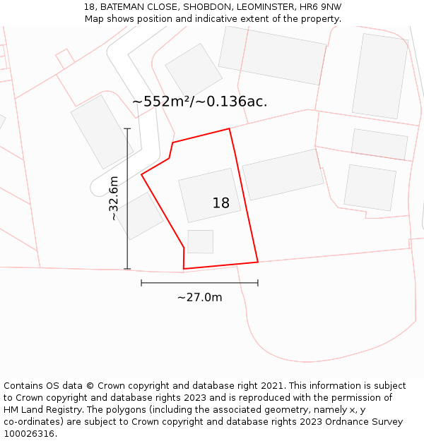 18, BATEMAN CLOSE, SHOBDON, LEOMINSTER, HR6 9NW: Plot and title map