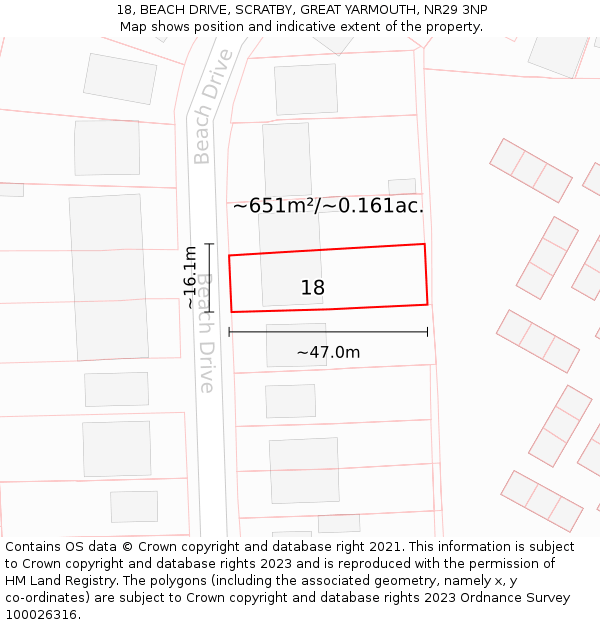 18, BEACH DRIVE, SCRATBY, GREAT YARMOUTH, NR29 3NP: Plot and title map