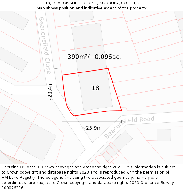 18, BEACONSFIELD CLOSE, SUDBURY, CO10 1JR: Plot and title map