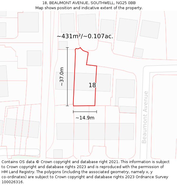 18, BEAUMONT AVENUE, SOUTHWELL, NG25 0BB: Plot and title map