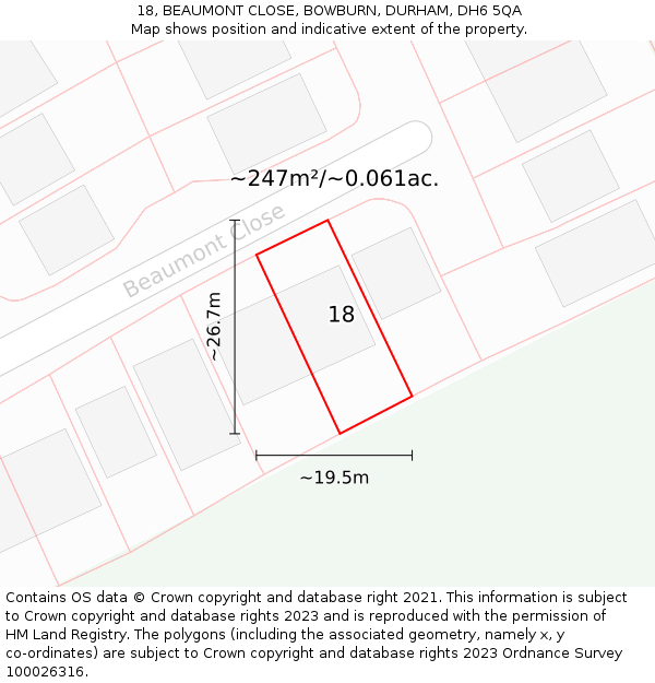 18, BEAUMONT CLOSE, BOWBURN, DURHAM, DH6 5QA: Plot and title map