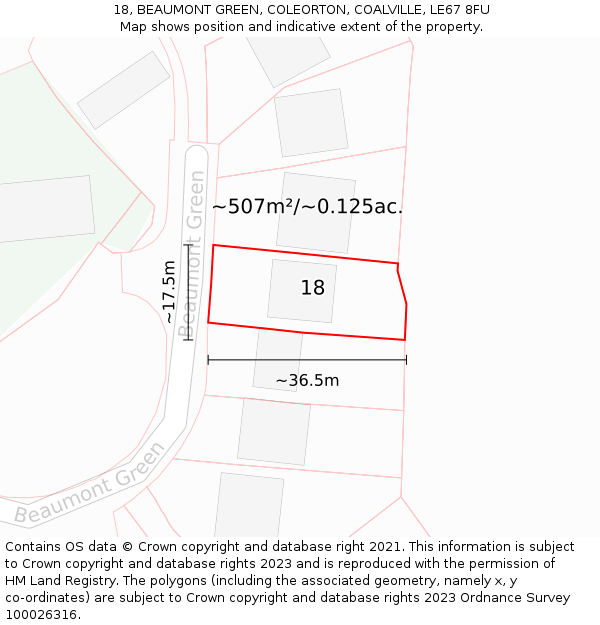 18, BEAUMONT GREEN, COLEORTON, COALVILLE, LE67 8FU: Plot and title map