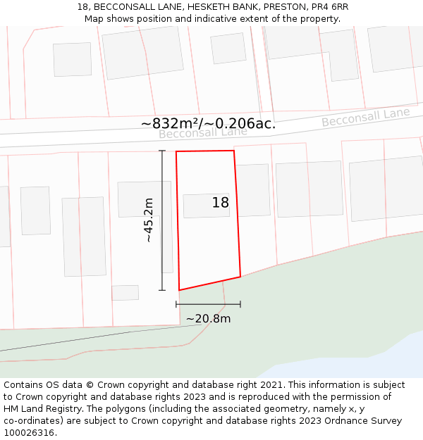 18, BECCONSALL LANE, HESKETH BANK, PRESTON, PR4 6RR: Plot and title map