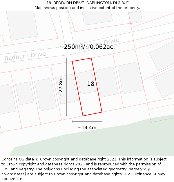 18, BEDBURN DRIVE, DARLINGTON, DL3 8UF: Plot and title map