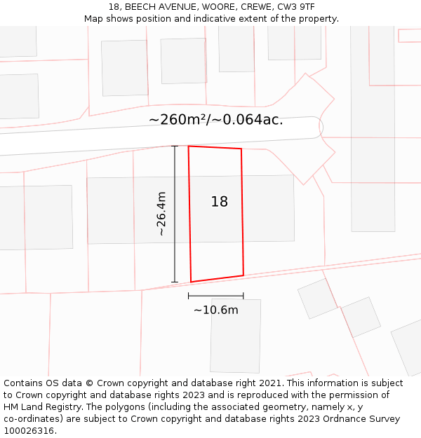 18, BEECH AVENUE, WOORE, CREWE, CW3 9TF: Plot and title map