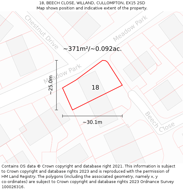 18, BEECH CLOSE, WILLAND, CULLOMPTON, EX15 2SD: Plot and title map