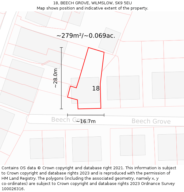 18, BEECH GROVE, WILMSLOW, SK9 5EU: Plot and title map