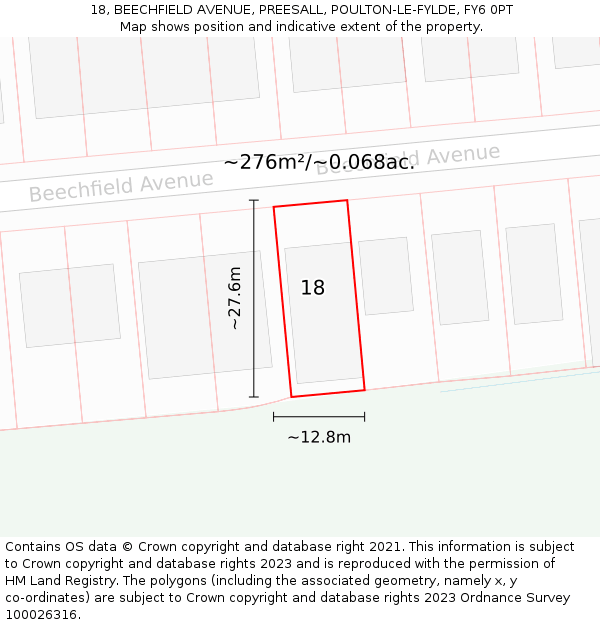 18, BEECHFIELD AVENUE, PREESALL, POULTON-LE-FYLDE, FY6 0PT: Plot and title map