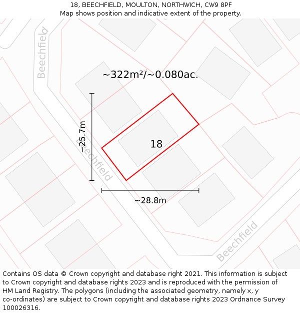 18, BEECHFIELD, MOULTON, NORTHWICH, CW9 8PF: Plot and title map
