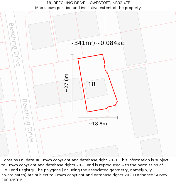 18, BEECHING DRIVE, LOWESTOFT, NR32 4TB: Plot and title map