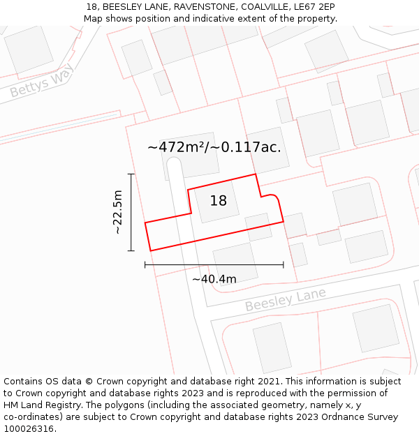18, BEESLEY LANE, RAVENSTONE, COALVILLE, LE67 2EP: Plot and title map