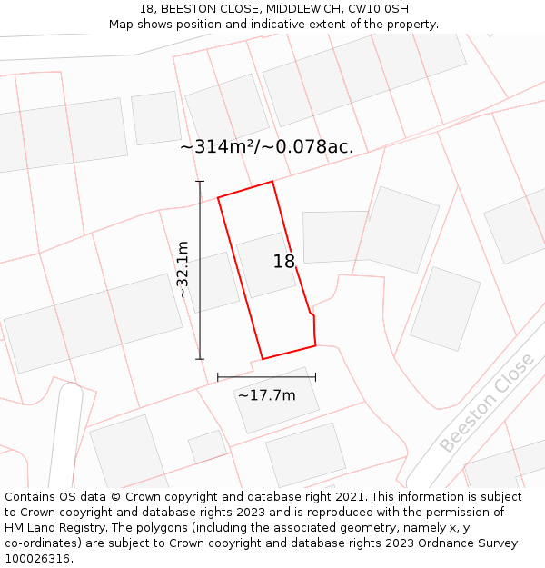 18, BEESTON CLOSE, MIDDLEWICH, CW10 0SH: Plot and title map