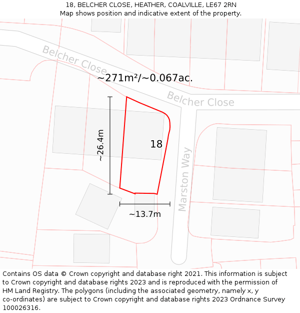 18, BELCHER CLOSE, HEATHER, COALVILLE, LE67 2RN: Plot and title map