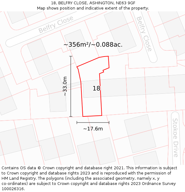 18, BELFRY CLOSE, ASHINGTON, NE63 9GF: Plot and title map