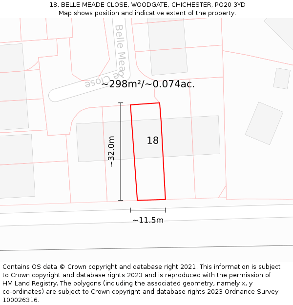 18, BELLE MEADE CLOSE, WOODGATE, CHICHESTER, PO20 3YD: Plot and title map