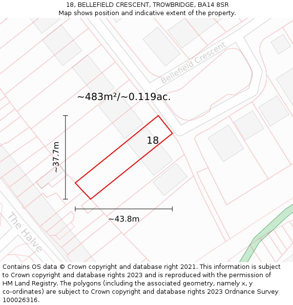18, BELLEFIELD CRESCENT, TROWBRIDGE, BA14 8SR: Plot and title map