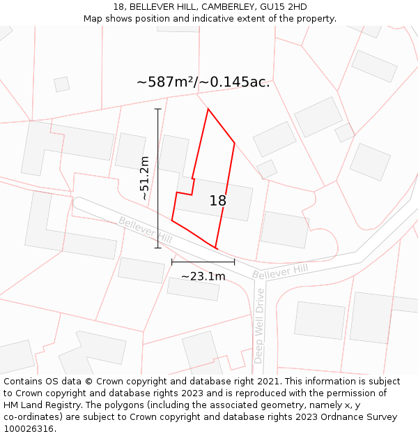 18, BELLEVER HILL, CAMBERLEY, GU15 2HD: Plot and title map