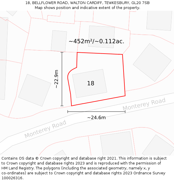 18, BELLFLOWER ROAD, WALTON CARDIFF, TEWKESBURY, GL20 7SB: Plot and title map