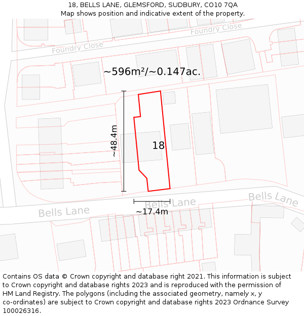 18, BELLS LANE, GLEMSFORD, SUDBURY, CO10 7QA: Plot and title map