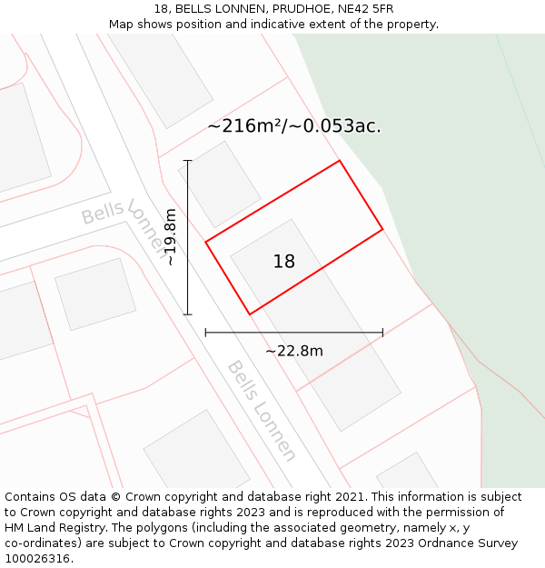18, BELLS LONNEN, PRUDHOE, NE42 5FR: Plot and title map