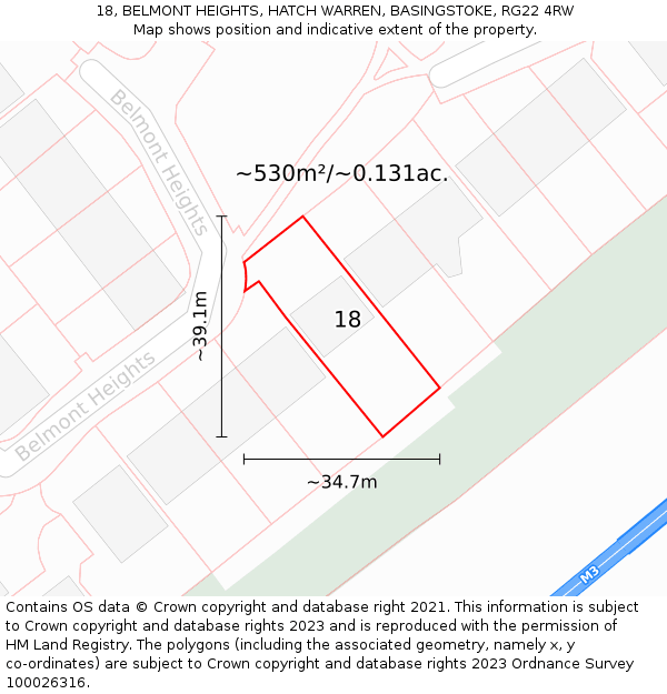 18, BELMONT HEIGHTS, HATCH WARREN, BASINGSTOKE, RG22 4RW: Plot and title map