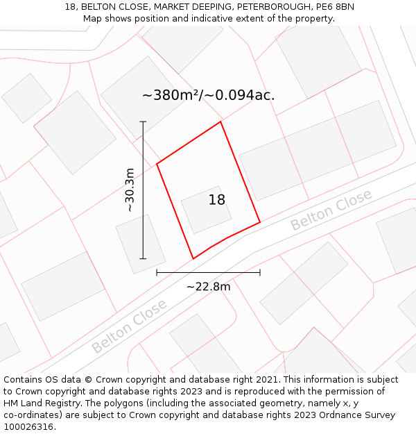 18, BELTON CLOSE, MARKET DEEPING, PETERBOROUGH, PE6 8BN: Plot and title map