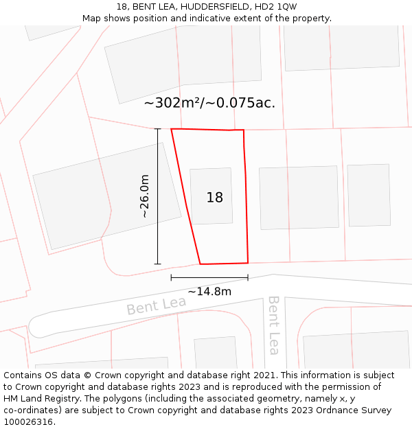 18, BENT LEA, HUDDERSFIELD, HD2 1QW: Plot and title map