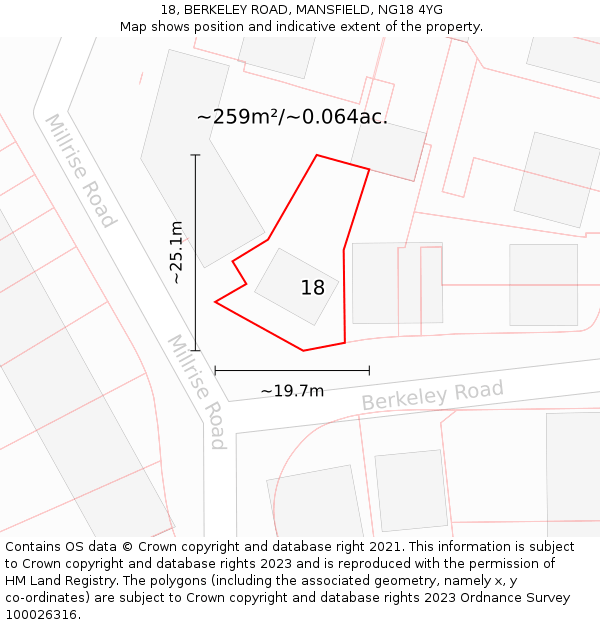 18, BERKELEY ROAD, MANSFIELD, NG18 4YG: Plot and title map