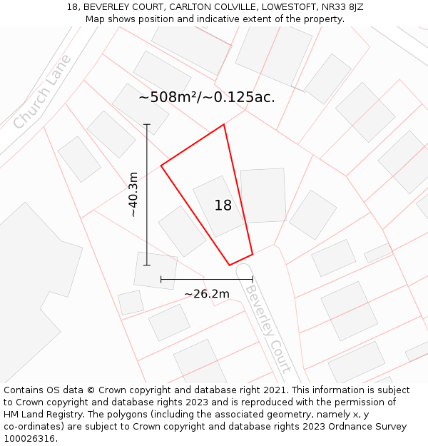 18, BEVERLEY COURT, CARLTON COLVILLE, LOWESTOFT, NR33 8JZ: Plot and title map