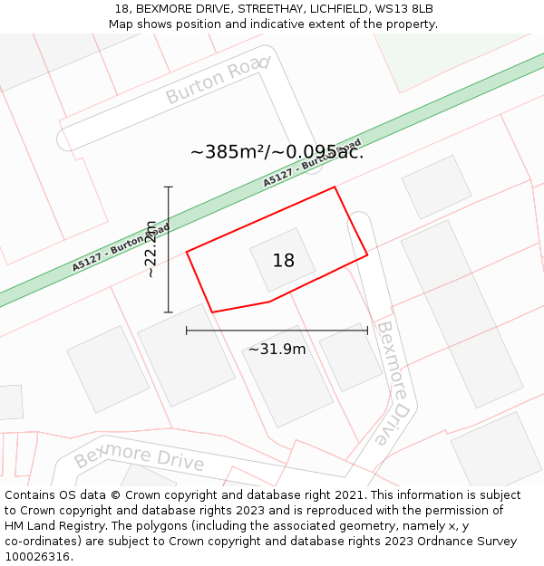 18, BEXMORE DRIVE, STREETHAY, LICHFIELD, WS13 8LB: Plot and title map