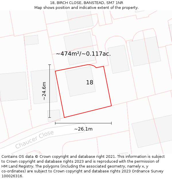 18, BIRCH CLOSE, BANSTEAD, SM7 1NR: Plot and title map