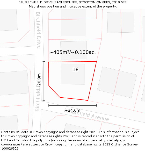 18, BIRCHFIELD DRIVE, EAGLESCLIFFE, STOCKTON-ON-TEES, TS16 0ER: Plot and title map