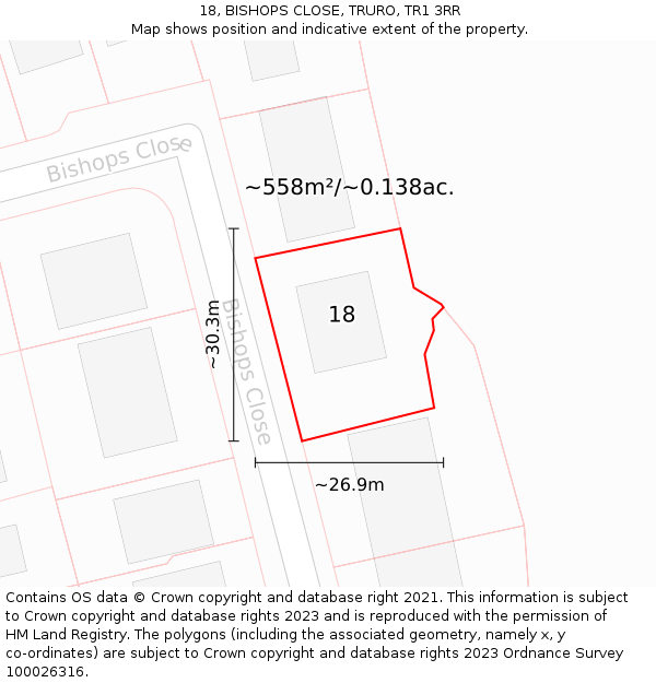 18, BISHOPS CLOSE, TRURO, TR1 3RR: Plot and title map