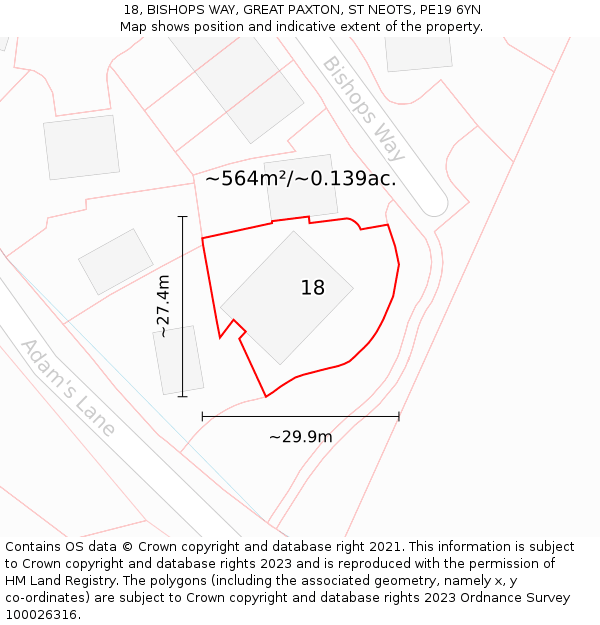 18, BISHOPS WAY, GREAT PAXTON, ST NEOTS, PE19 6YN: Plot and title map