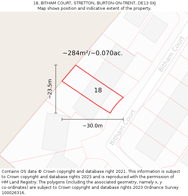 18, BITHAM COURT, STRETTON, BURTON-ON-TRENT, DE13 0XJ: Plot and title map