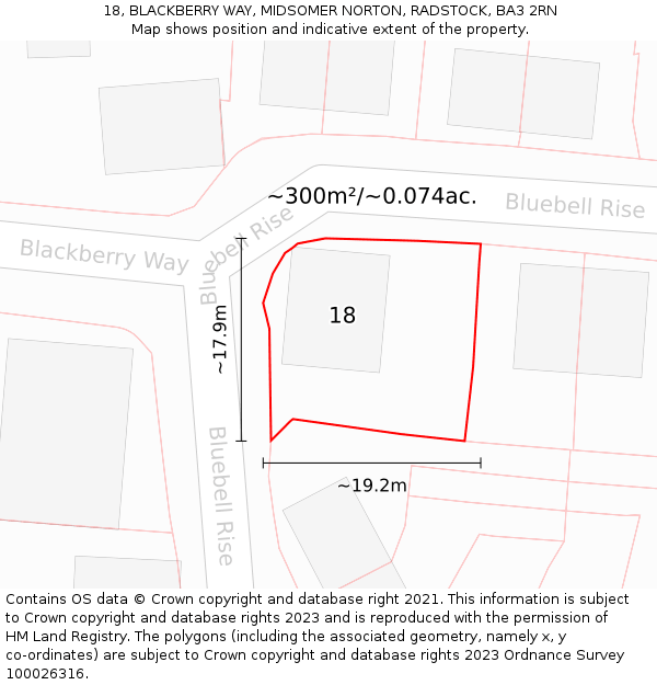 18, BLACKBERRY WAY, MIDSOMER NORTON, RADSTOCK, BA3 2RN: Plot and title map