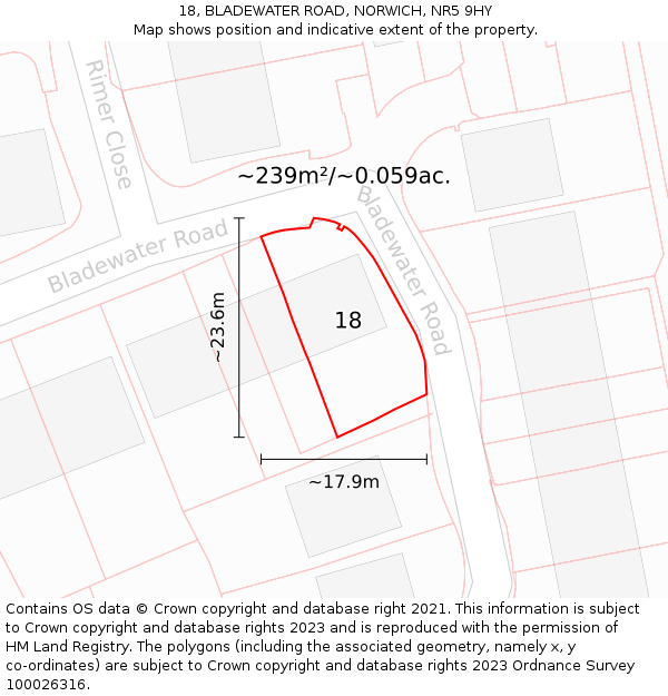 18, BLADEWATER ROAD, NORWICH, NR5 9HY: Plot and title map