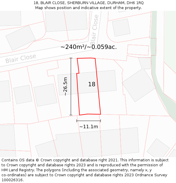 18, BLAIR CLOSE, SHERBURN VILLAGE, DURHAM, DH6 1RQ: Plot and title map