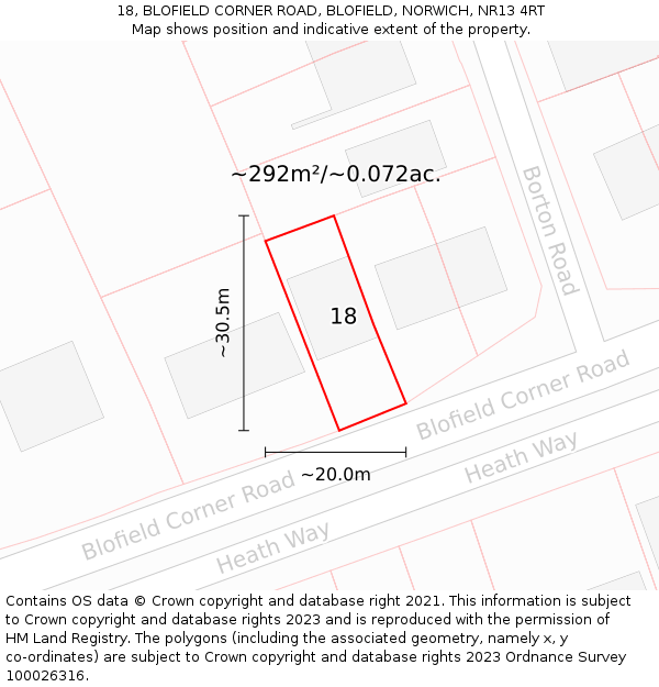 18, BLOFIELD CORNER ROAD, BLOFIELD, NORWICH, NR13 4RT: Plot and title map