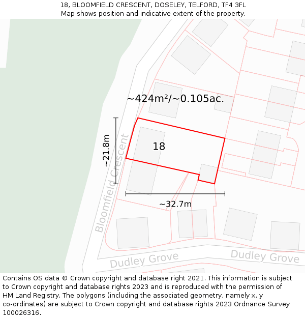 18, BLOOMFIELD CRESCENT, DOSELEY, TELFORD, TF4 3FL: Plot and title map