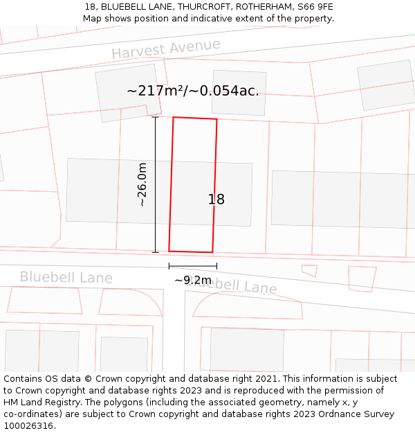 18, BLUEBELL LANE, THURCROFT, ROTHERHAM, S66 9FE: Plot and title map