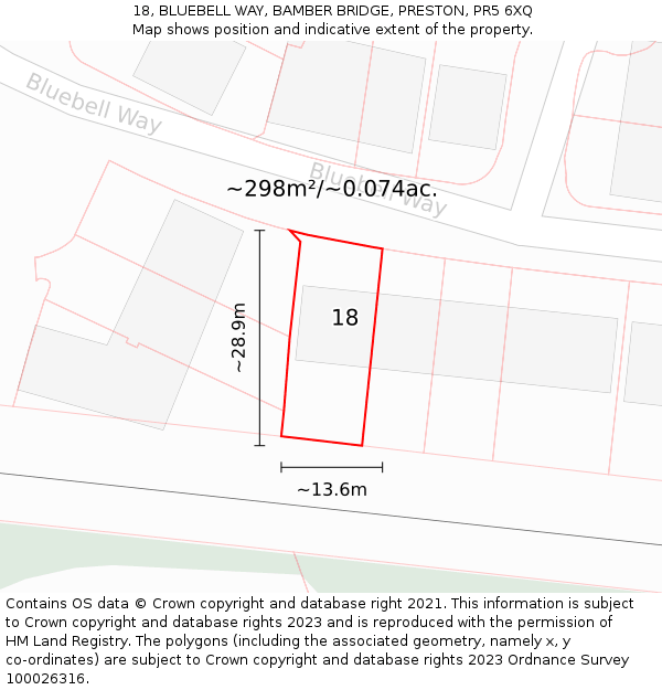 18, BLUEBELL WAY, BAMBER BRIDGE, PRESTON, PR5 6XQ: Plot and title map