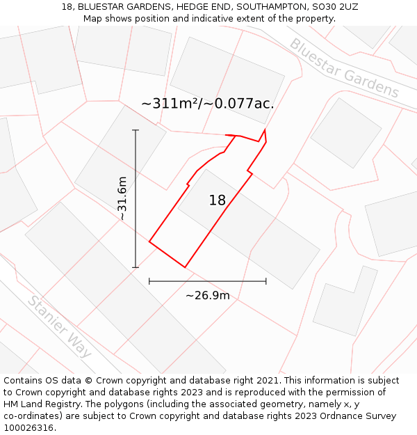 18, BLUESTAR GARDENS, HEDGE END, SOUTHAMPTON, SO30 2UZ: Plot and title map
