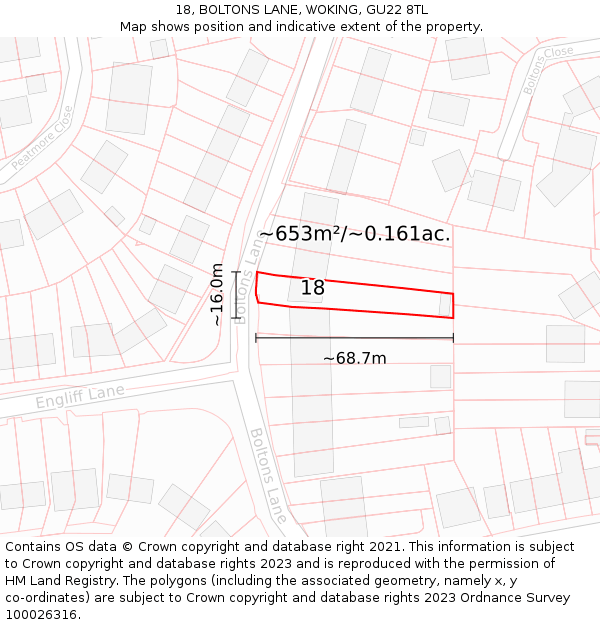 18, BOLTONS LANE, WOKING, GU22 8TL: Plot and title map