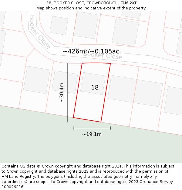 18, BOOKER CLOSE, CROWBOROUGH, TN6 2XT: Plot and title map