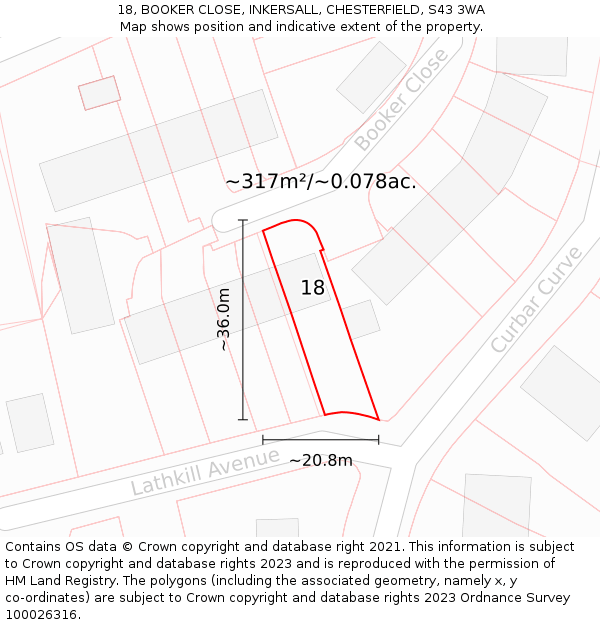 18, BOOKER CLOSE, INKERSALL, CHESTERFIELD, S43 3WA: Plot and title map